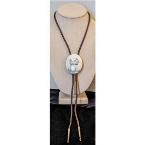 Hand-Painted Ceramic Owl Signed DM Braided Leather Bolo Tie